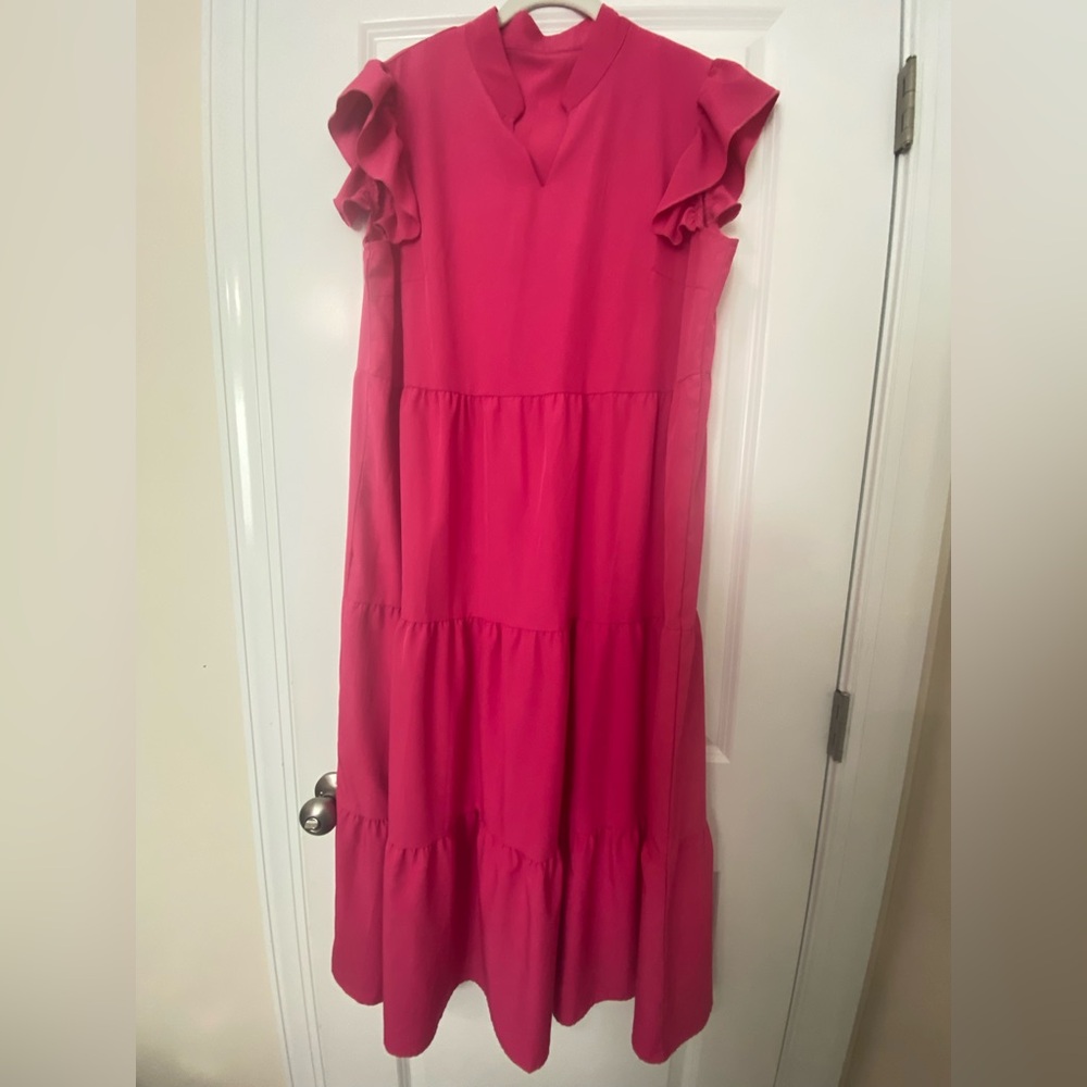 Pink Maxi Sundress with Tiered Ruffles and Flutter Sleeves